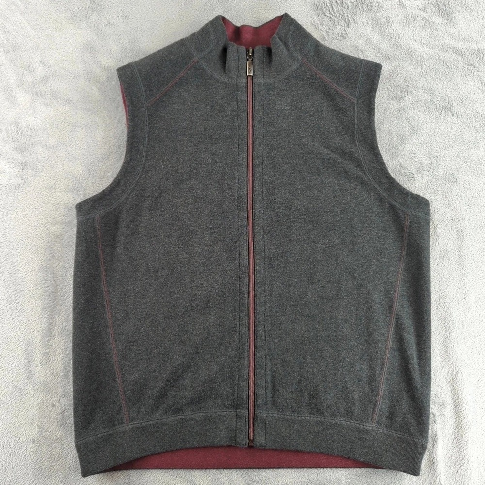 Tommy Bahama Vest Mens Large Red Gray Reversible Full Zip Sweater Fleece Jacket